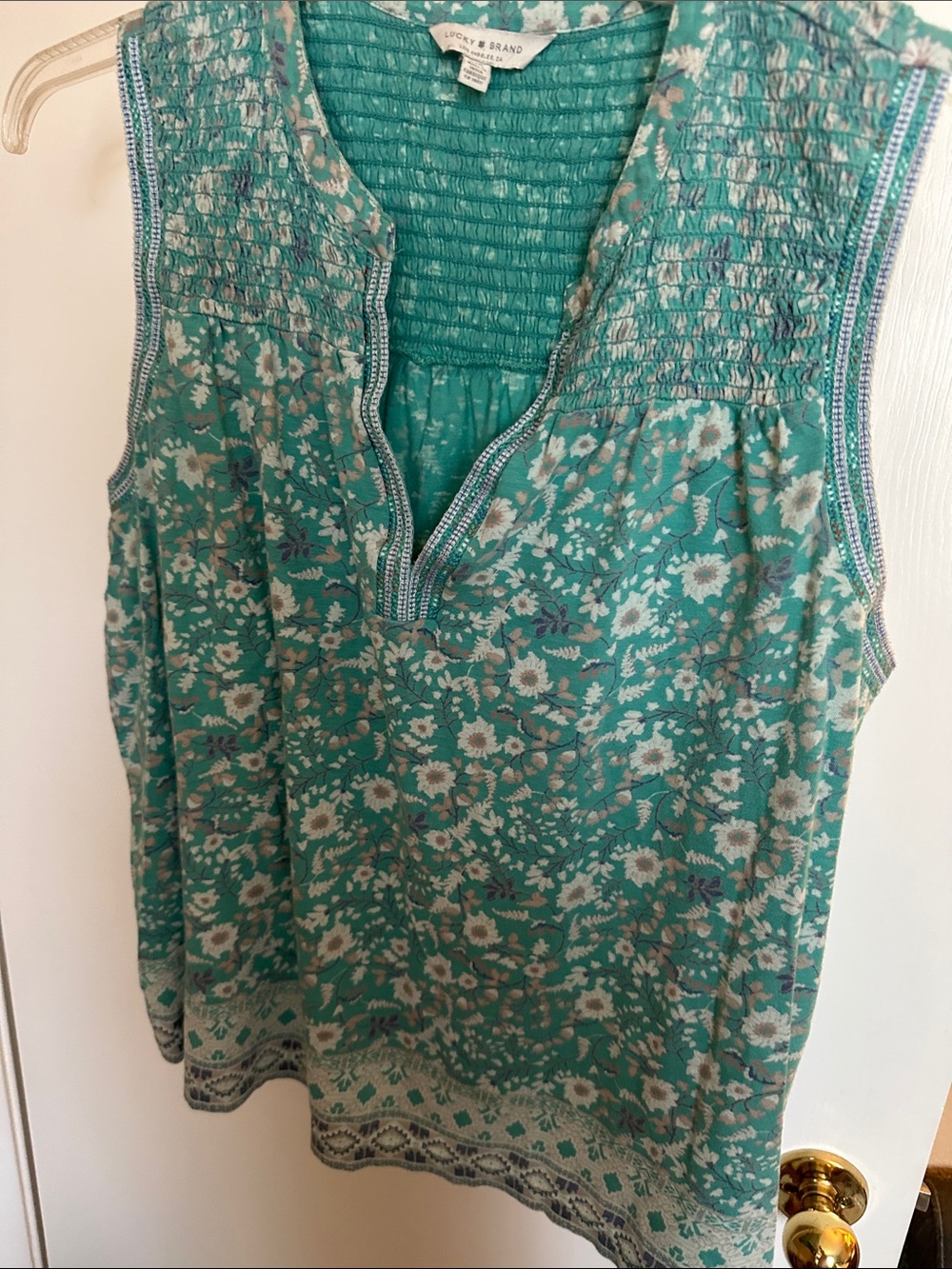Lucky Brand Teal Green Floral Smocked Tank